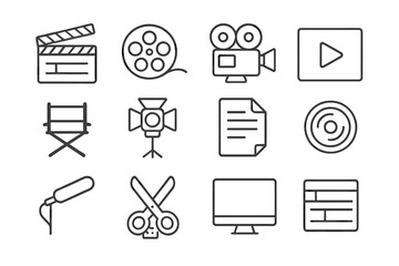 Filmmaking Tools Icons. Line style icons of filmmaking tools: clapperboard, film reel, movie camera, play button; director chair,