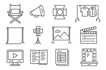 Movie Set Icons. Line style icons of movie set items: director chair, megaphone, assistant slate, wardrobe rack; green screen,