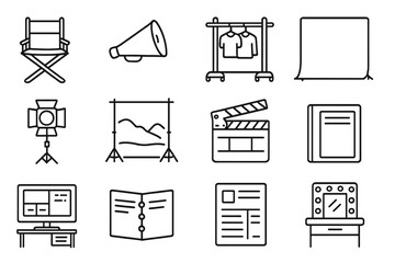 Movie Set Icons. Line style icons of movie set items: director chair, megaphone, assistant slate, wardrobe rack; green screen,