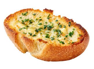 Close-up of a slice of toasted garlic bread.  Golden-brown crust, buttery interior, sprinkled with fresh herbs
