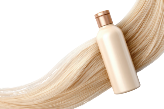 A bottle of light beige hair product, positioned amidst flowing blonde hair strands