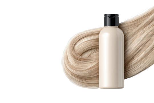 Light beige bottle of hair product nestled amongst flowing blonde hair
