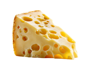 Close-up of a wedge of Swiss cheese, displaying a pale yellow color and numerous holes