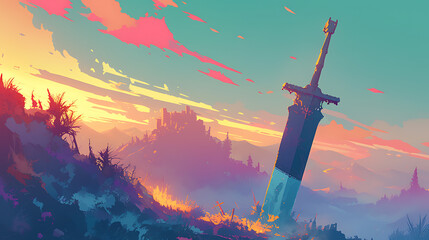 Obraz premium Illustration of a view of a jumbo sword in the hills