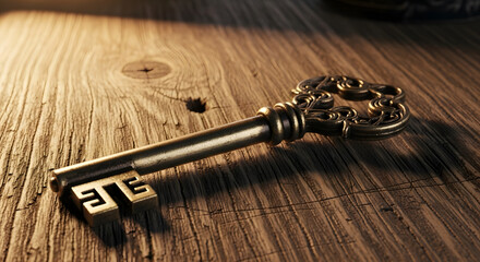 Vintage Golden Key on Wood