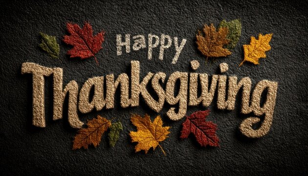 Realistic vector-style Happy Thanksgiving typography with autumn leaves on a chalkboard background