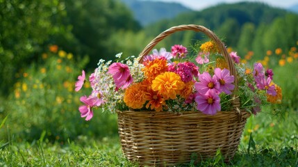 A woven basket filled with vibrant flowers sits on lush green grass. Surrounding it are wildflowers and gentle hills under a clear blue sky, creating a serene rural atmosphere.