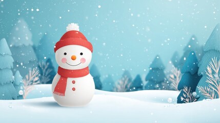 Obraz premium A cheerful snowman wearing a red hat and scarf stands in a snowy setting. Snowflakes fall gently around him, enhancing the winter atmosphere filled with evergreen trees.