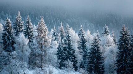 Obraz premium Tall evergreen trees are blanketed in frost, standing majestically in a serene forest landscape. The early morning mist adds a mystical touch to the winter scene, enhancing its beauty.