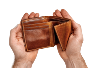 Empty leather wallet held in cupped hands