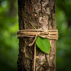 Tied tree trunk with green leaf