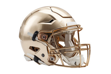Fototapeta premium Gold football helmet, profile view. Glossy finish, protective facemask
