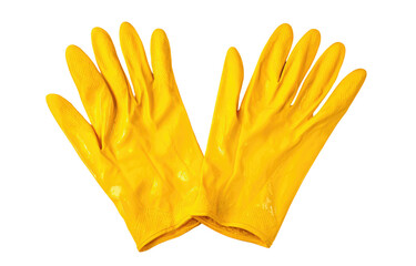 Pair of bright yellow work gloves, laid flat against black background.  The gloves appear to be made of a smooth, possibly coated material, showing some slight texture. 