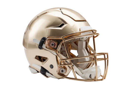 Gold football helmet, profile view.  Glossy finish, protective facemask
