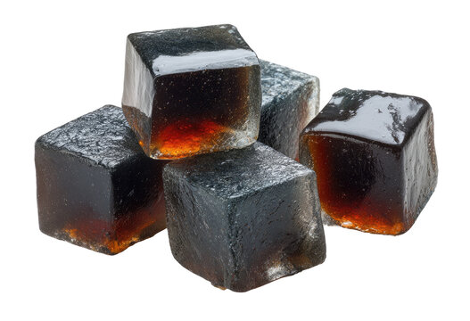 Dark, translucent, square candies, likely flavored, stacked