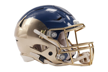 Naklejka premium Close-up of a football helmet. Dark navy blue shell, gold facemask and accents. Profile view