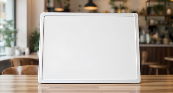 Minimalist Café Whiteboard Mockup on Wooden Table – Blank Sign for Branding, Menu Design, or Promotional Messages with Warm Ambient Interior