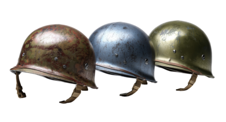 Three vintage-style military helmets, weathered and distressed, in different muted colors