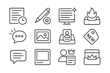 Blog Icons Line Art. Line style icons of recent blog posts: article page with clock tag, writing pen with badge, blog screen with