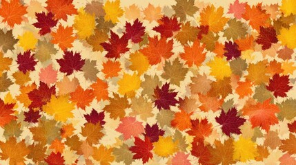 A collection of various autumn leaves covers a flat surface, displaying bright shades of red, orange, yellow, and brown. The leaves create a warm, seasonal atmosphere.