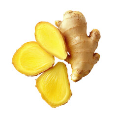 Fresh ginger root, sliced.  A vibrant yellow ginger root, cut into three slices, presented on a black background.  The slices show a pale, bright yellow interior.  