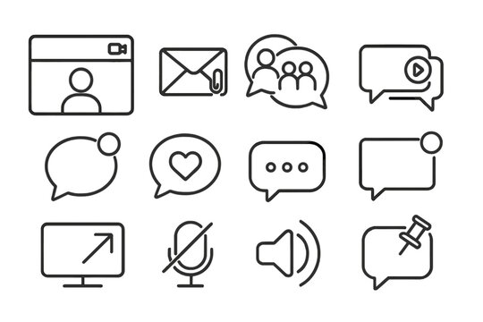 Modern Communication Icons. Line style icons of modern communication: video chat window, direct message icon, group chat, voice