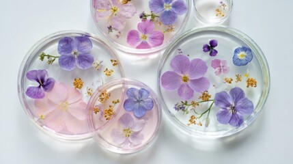 Various petri dishes filled with clear resin showcase delicate flowers in shades of purple and pink. The arrangement highlights intricate details and natural beauty of each blossom.