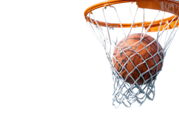 Basketball in a hoop.  Orange ball sinking through white net