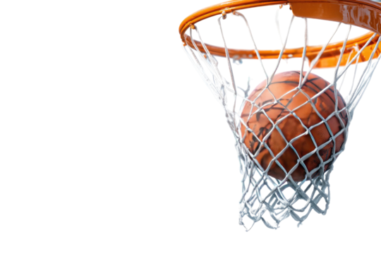 Basketball in a hoop.  Orange ball sinking through white net