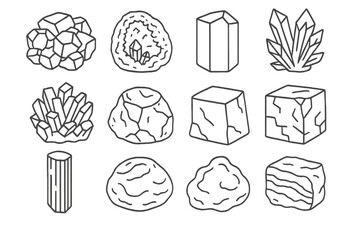 Massive Mineral Icons. Line style icons of massive mineral forms: pyrite mass, quartz geode, beryl block, gypsum cluster; calcite