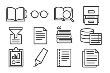 Research and Data Icons. Line style icons of research and data search: book open with tabs, reading glasses, search in