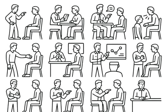 Interrogation Style Icons. Line style icons of interrogation styles: aggressive stance, calm questioning, leading question,