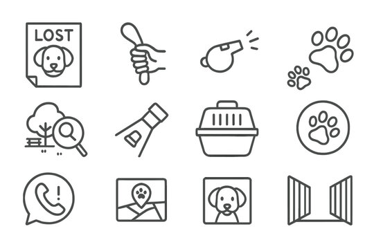 Pet Search Icons. Line style icons of pet search: lost dog flyer, leash in hand, whistle symbol, paw prints trail; park search,