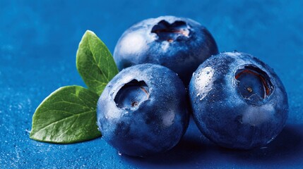 Obraz premium Ripe blueberries with a glossy finish and droplets of water rest next to fresh green leaves against a bright blue backdrop, highlighting their freshness and vibrant color.