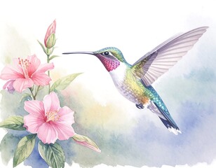 Obraz premium Watercolor hummingbird and hibiscus flowers