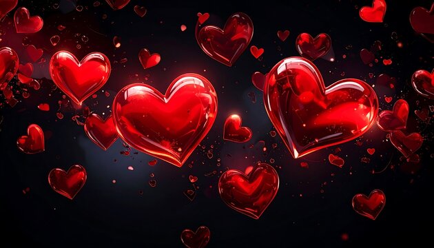 Red hearts floating on a dark background