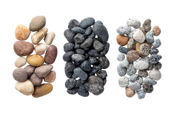 Three vertical stacks of different colored pebbles