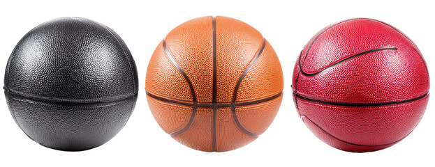 Three basketballs in black, orange, and red