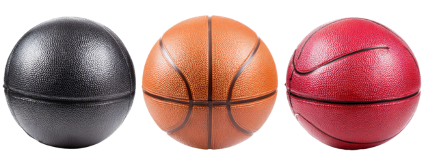 Three basketballs in black, orange, and red