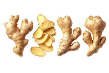 Fresh ginger root and slices,  arranged in a horizontal row,  against a black background.  The ginger is a light golden-brown color and shows a rough texture.  