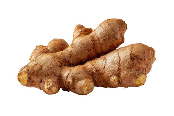 Two pieces of fresh ginger root, displayed whole, lie against a black background. The ginger is a light brownish-tan color with visible, knobby, and segmented textures
