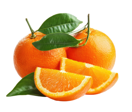 Fresh oranges, whole and sliced, with vibrant color and leaves (1)