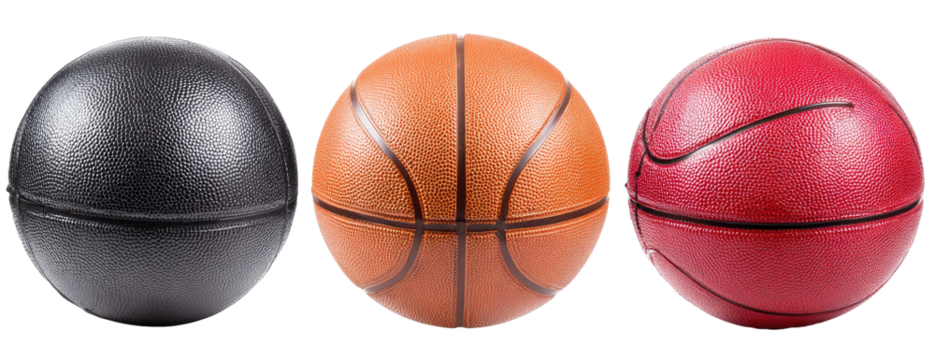 Three basketballs in black, orange, and red