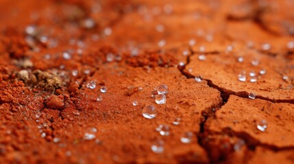 Small dewdrops shine on the cracked surface of red clay soil following a brief rain. The vibrant earthy tones highlight the texture and moisture in the environment.