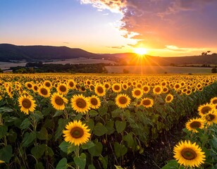 Fototapeta premium Sunflowers at sunset over hills