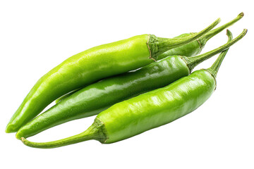 Close-up of three bright green chili peppers