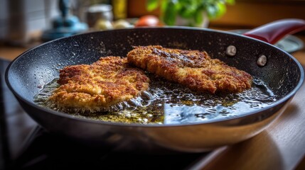 Fototapeta premium Two golden-brown fried cutlets are sizzling in sunflower oil within a frying pan. The kitchen setting is warm and inviting, with fresh ingredients visible in the background
