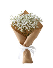 Small bouquet of white baby's breath flowers wrapped in kraft paper