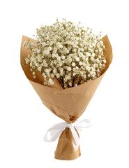 A bouquet of small, white flowers, tied with a cream-colored ribbon, nestled in a light brown paper wrapping