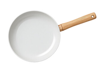 Overhead view of a round, white frying pan with a light-brown wooden handle
